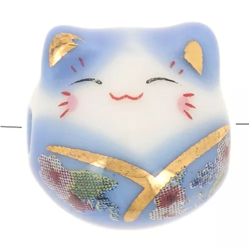 Perla gato de la suerte - amuleto de la suerte - cerámica 14 mm Azul x1