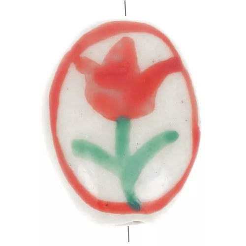 Cuenta ovalada plana de cerámica motivo flor 14x11 mm - Blanca - Roja x1