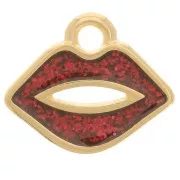 Dije de boca de 11x13 mm con resina epoxi - Dorado con oro fino - Purpurina roja x1