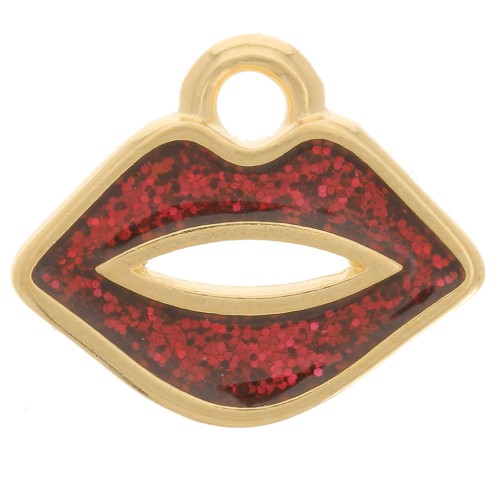 Dije de boca de 11x13 mm con resina epoxi - Dorado con oro fino - Purpurina roja x1
