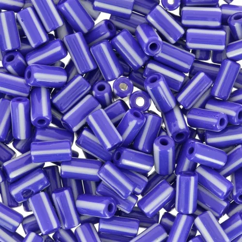 Abalorios tubos a rayas - Preciosa Ornela Rola - 7x3,5 mm Azul - Blanco x5g