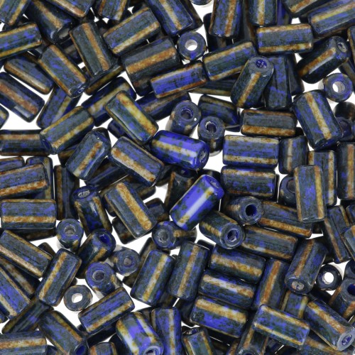 Abalorios tubos a rayas - Preciosa Ornela Rola - 7x3,5 mm Travertino azul - Blanco x5g
