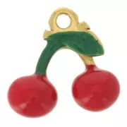 Breloque Cerise 11.5x12 mm - Resine époxy - Acier inoxydable 316L Doré - Rouge x1