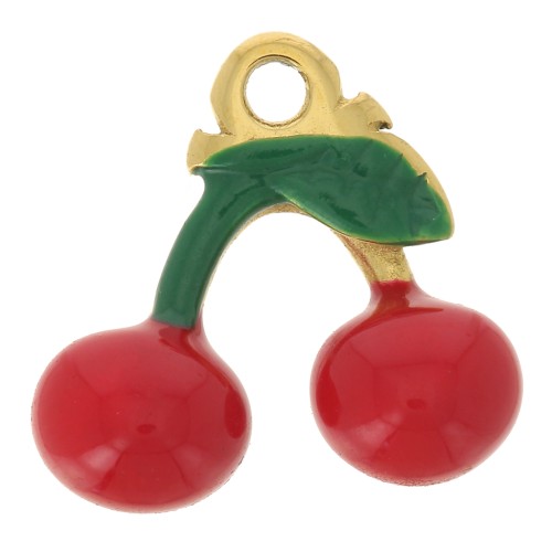 Dije de cereza 11,5 x 12 mm - Resina epoxi - Acero inoxidable 304 Dorado - Rojo x1