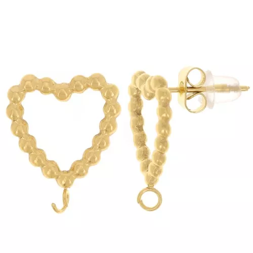 Pendientes corazón hueco con bolitas 15x13mm Acero inoxidable dorado 304L x2