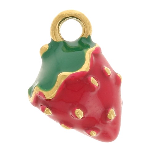 Dije de fresa 11x8 mm Resina epoxi - Acero inoxidable 316L - Dorado - Rojo x1