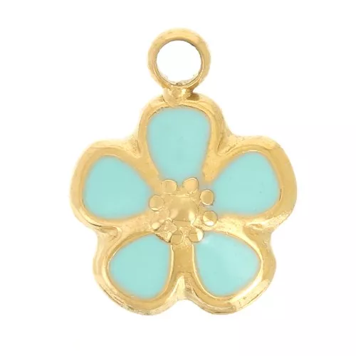 Colgante flor 6,5 mm - Resina epoxi - Acero inoxidable 304L Dorado - Turquesa x1