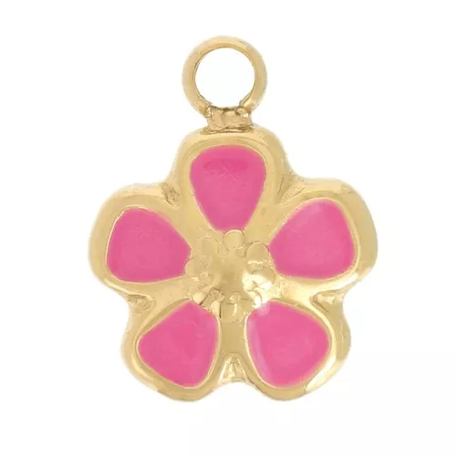 Colgante flor 6,5 mm - Resina epoxi - Acero inoxidable 304L Dorado - Fucsia x1
