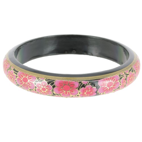 Pulsera de madera motivo floral - 66 mm - Negro - Rosa - Dorado x1