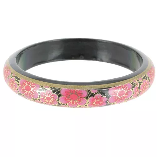 Pulsera de madera motivo floral - 66 mm - Negro - Rosa - Dorado x1