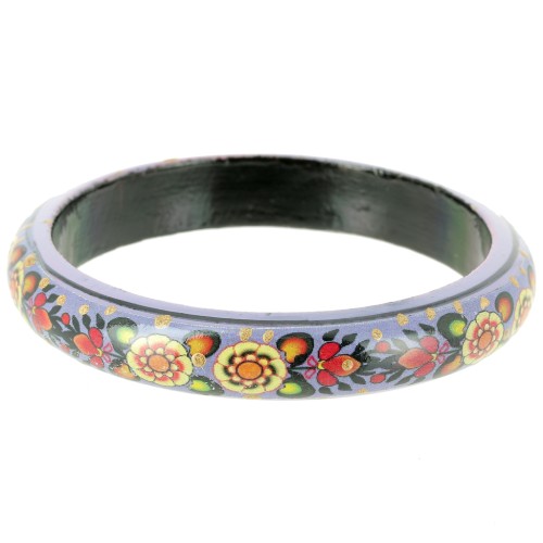 Pulsera brazalete madera vintage motivo floral - 66 mm - Morado - Negro x1