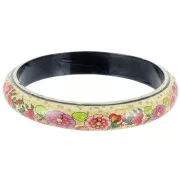 Pulsera jonc vintage motivo floral de madera - 66 mm - Crema - Negro - Rojo x1