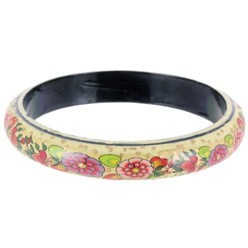 Pulsera jonc vintage motivo floral de madera - 66 mm - Crema - Negro - Rojo x1