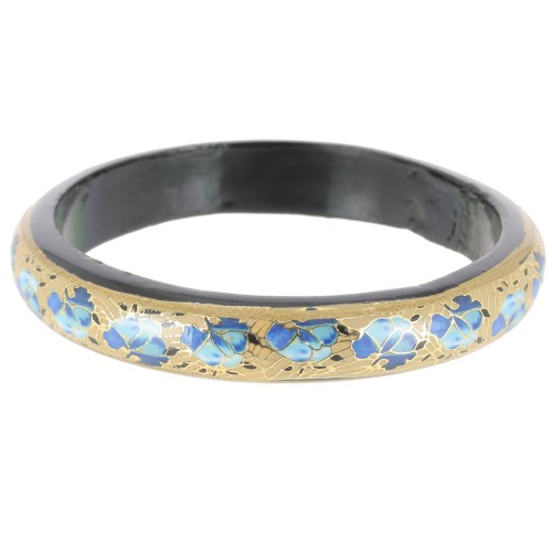 Pulsera jonc vintage motivo floral de madera - 66 mm - Dorado - Azul - Negro x1