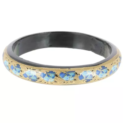 Pulsera jonc vintage motivo floral de madera - 66 mm - Dorado - Azul - Negro x1