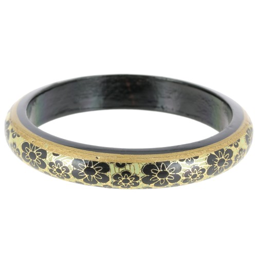 Pulsera brazalete madera vintage motivo floral - 66 mm - Dorado - Negro x1