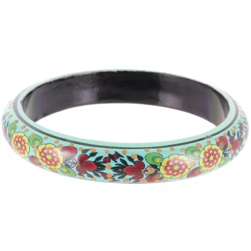 Pulsera jonc vintage motivo floral de madera - 66 mm - Turquesa - Amarillo - Negro x1