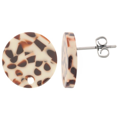 Ganchos pendientes redondos de acetato de 15 mm - marrón moteado - crema x2