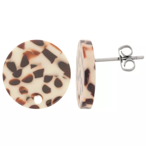 Ganchos pendientes redondos de acetato de 15 mm - marrón moteado - crema x2