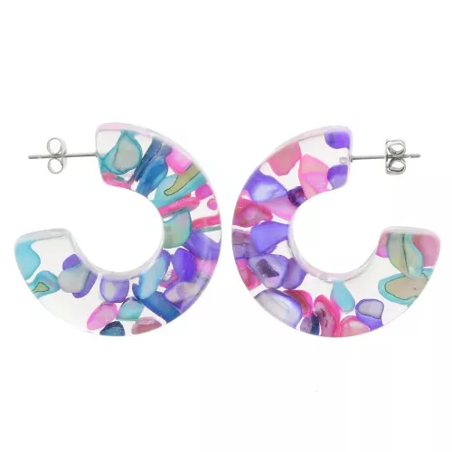 Pendientes de aro ancho 37 mm Resina transparente con inclusión de concha - Violeta x2