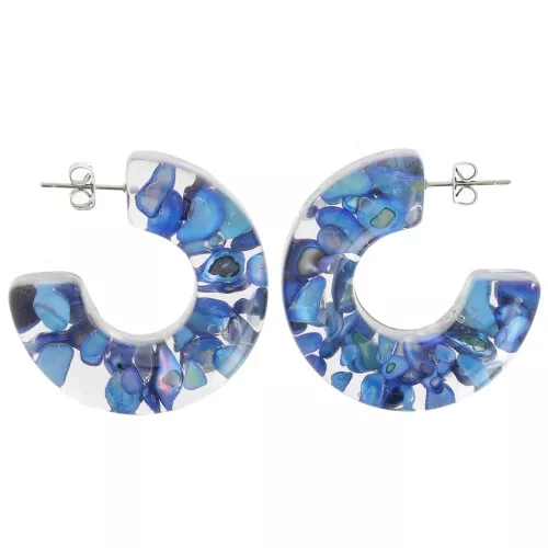Pendientes de aro ancho 37 mm Resina transparente con inclusión de concha - Azul x2