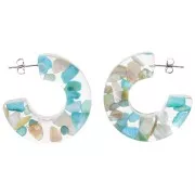 Pendientes de aro ancho 37mm Resina transparente con conchas Turquesa x2