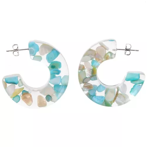 Pendientes de aro ancho 37mm Resina transparente con conchas Turquesa x2