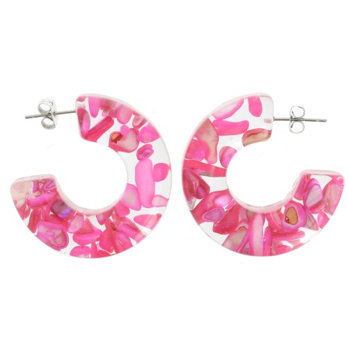 Pendientes de aro ancho 37 mm Resina transparente con inclusión de concha Fucsia x2