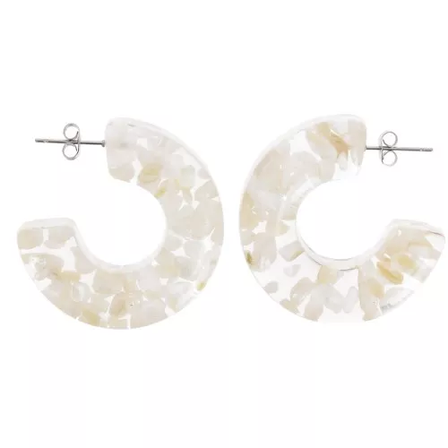Pendientes de aro ancho 37 mm Resina transparente con inclusiones de concha - Blanco x2