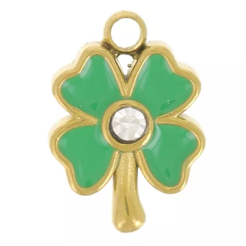 Colgante trébol 10x7 mm - Resina epoxi - Acero inoxidable 304L Dorado - Verde x1