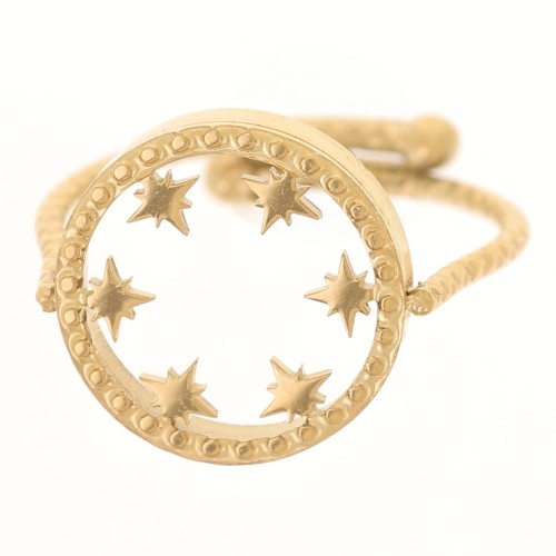 Anillo redondo ajustable - motivo estrella - cabujón plano de 10 mm - Acero inoxidable 316L dorado