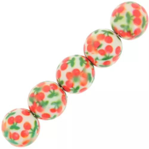 Cuentas de resina redondas de 10 mm con motivo cereza - Blanco - Naranja - Verde x10