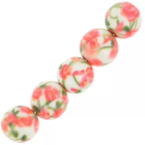 Cuentas de resina redondas 10 mm con motivo rosa - blanco - coral - verde x10