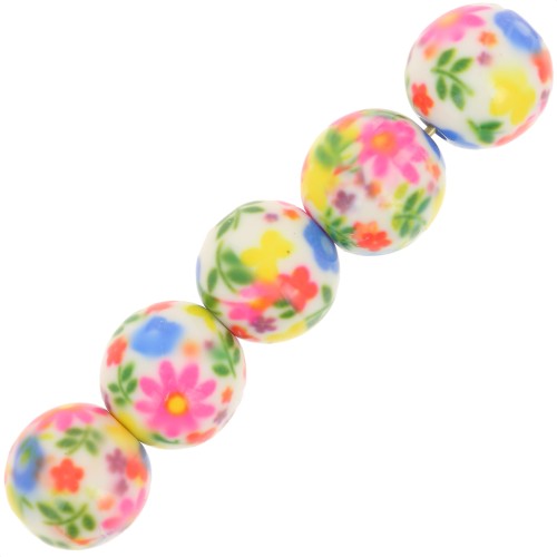 Cuentas de resina redondas 10 mm con diseño floral - Blanco - Multicolor x10