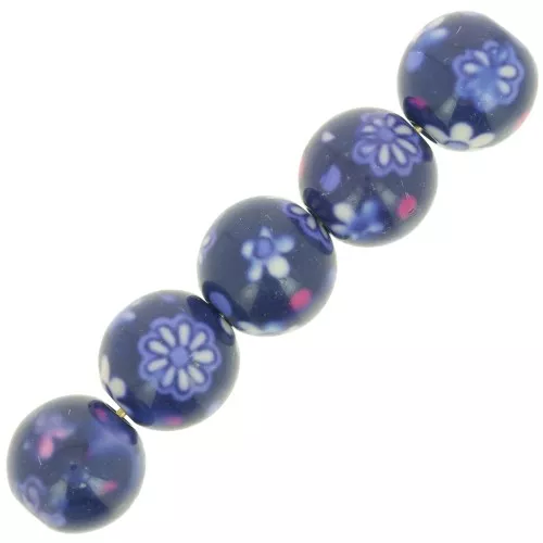 Cuentas redondas de resina 10 mm con diseño floral - Azul oscuro - Blanco x10