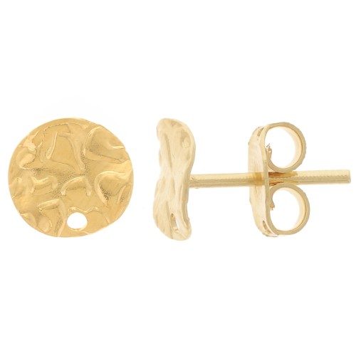 Pendientes de disco martillado ondulado con agujero - 8 mm - Dorado con oro fino x2