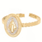 Anillo ajustable con motivo religioso T.52 a T58 con epoxi - Acero inoxidable 304L Dorado - Blanco