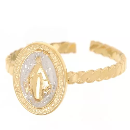 Anillo ajustable con motivo religioso T.52 a T58 con epoxi - Acero inoxidable 304L Dorado - Blanco