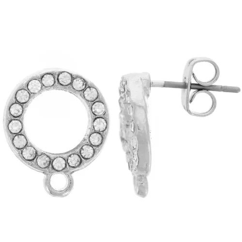 Ganchos pendientes redondo strass y anilla cerrada - 12mm - Rodiado - Crystal x2