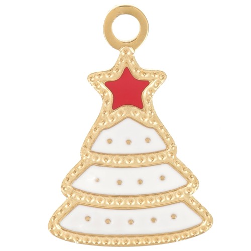 Colgante árbol de Navidad 17x12 mm - Resina epoxi - Acero inoxidable 316L dorado - Blanco x1