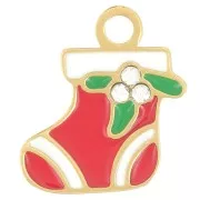 Charm de media de Navidad 13x11mm Resina epoxi - Acero inoxidable 316L dorado - Rojo x1