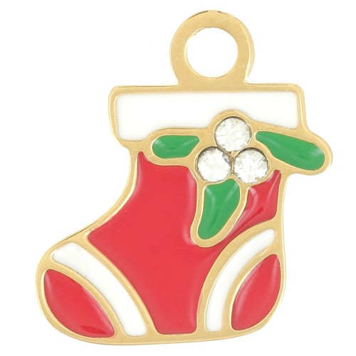 Charm de media de Navidad 13x11mm Resina epoxi - Acero inoxidable 316L dorado - Rojo x1