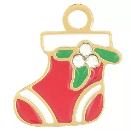 Charm de media de Navidad 13x11mm Resina epoxi - Acero inoxidable 316L dorado - Rojo x1