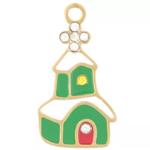 Amuleto de iglesia de Navidad 21x11 mm - Resina epoxi - Acero inoxidable 316L dorado - Verde x1
