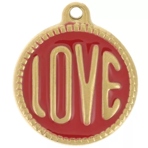 Colgante redondo LOVE - 18 mm - Resina epoxi - Acero inoxidable 304L Dorado - Rojo x1