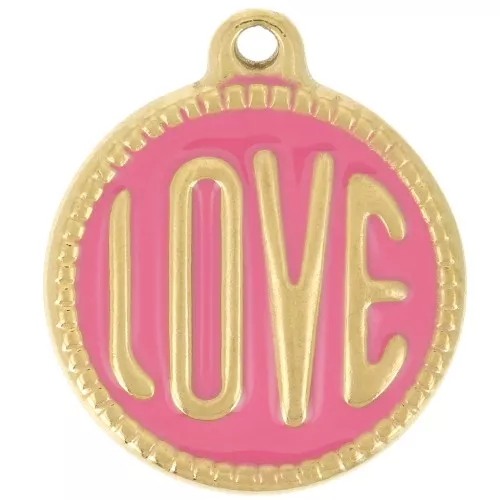 Colgante redondo LOVE - 18 mm - Resina epoxi - Acero inoxidable 304L Dorado - Rosa x1