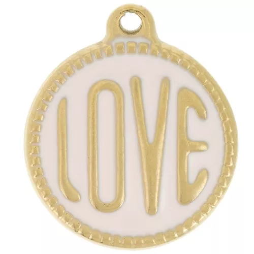 LOVE Colgante redondo de 18 mm Resina epoxi Acero inoxidable 304L Dorado - Rosa claro x1