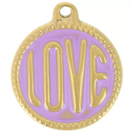Colgante redondo LOVE - 18 mm - Resina epoxi 304L acero inoxidable dorado - Violeta x1
