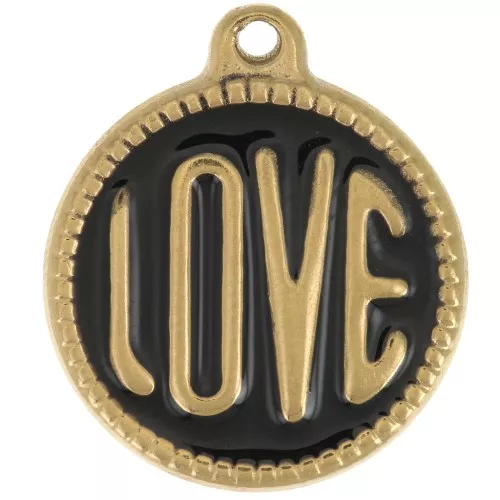 Colgante redondo LOVE - 18 mm - Resina epoxi - Acero inoxidable 304L Gold - Negro x1