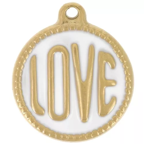 Colgante redondo LOVE - 18 mm - Resina epoxi - Acero inoxidable 304L Dorado - Blanco x1